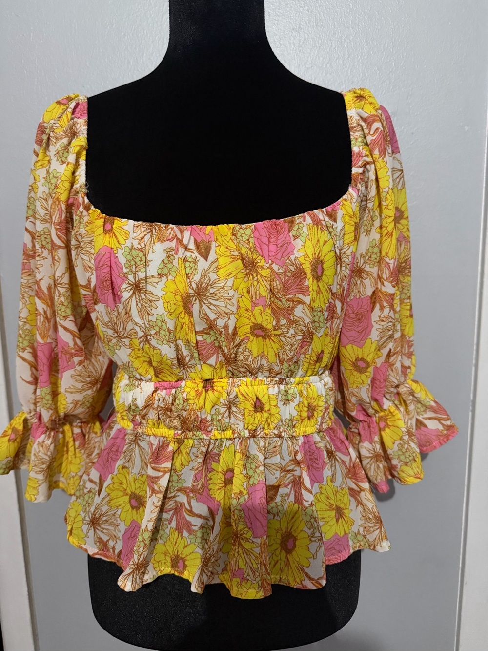 Flying Tomato Yellow & Pink Floral Square-Neck Peplum Blouse